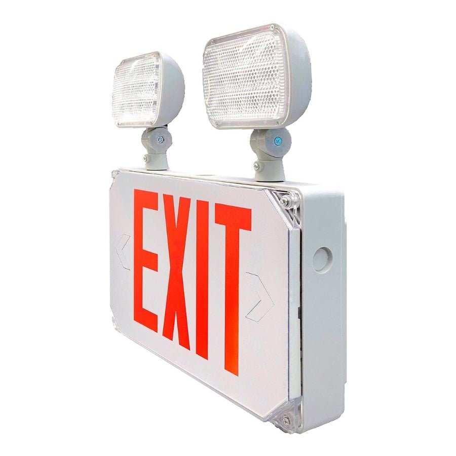 Wet Location Exit Sign Emergency Light – Red LED Weatherproof Outdoor Combo Unit with Battery Backup, Double Face, UL Certified, AC 120V/277V, Ideal for Commercial & Industrial Use