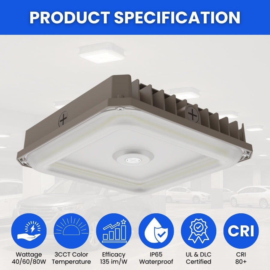 Garage Canopy Light, 40W/60W/80W Selectable Wattage, 3CCT 3500K/4000K/5000K, Dimmable LED Fixture, IP65 Waterproof, UL DLC Listed