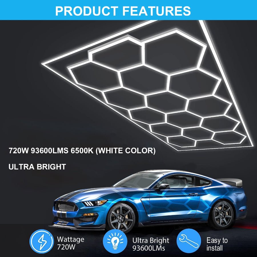 Hexagon Garage Light Higher Brightness 720W 93600 Lumens Hexagon Led Garage Light 6500K, 15 Hex Grid For Garage Shop, Basement, Car Detailing Shop With Mounting Clip, DIY Hexagon Garage Lighting