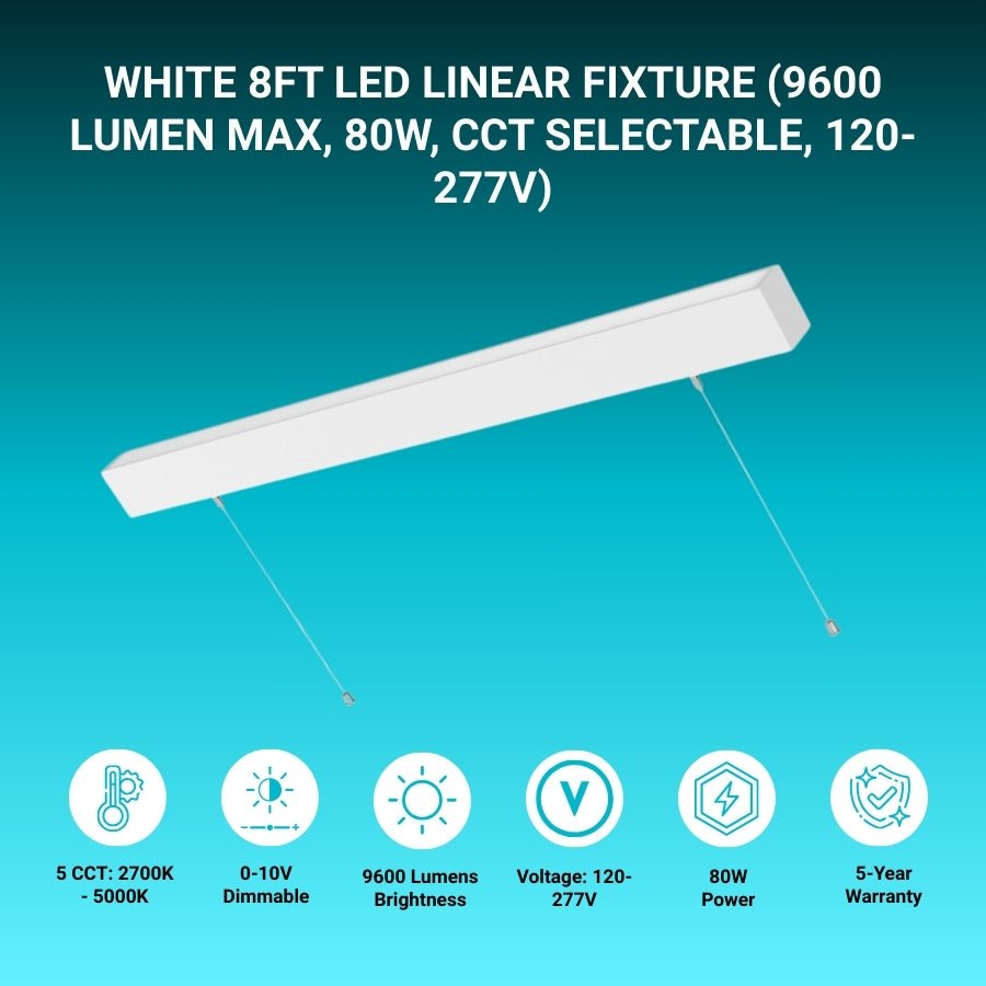 8FT Suspended Linear LED Light Fixture - 9600 Lumens, 80W, CCT Selectable, 120-277V, Dimmable, White Body