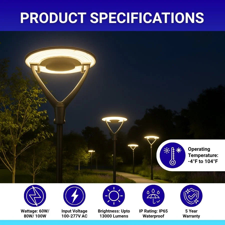Outdoor Post Light Fixtures 60W/80W/100W
LED Parking Lot Area Lighting Plaza Lighting
Garden Lighting Type IV Distribution
3000K/4000K/5000K AC100-277V Matt
Black ETL DLC