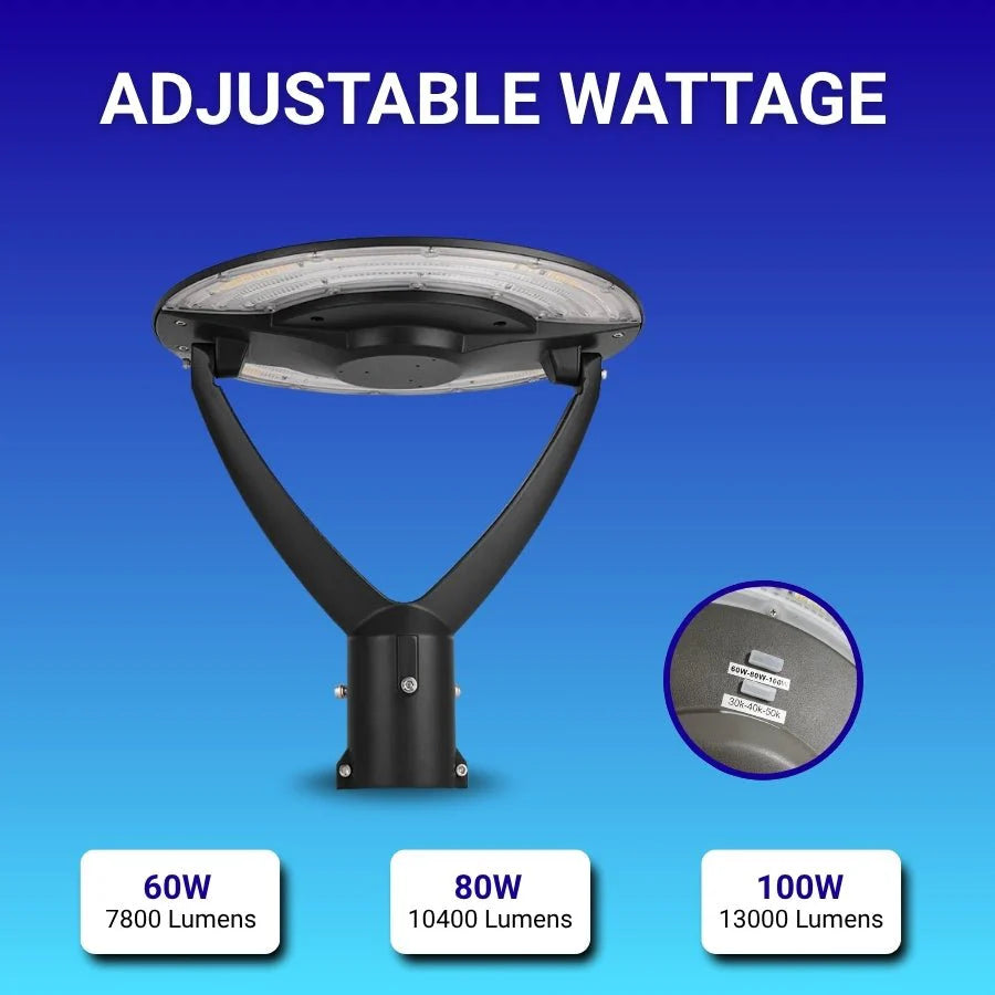 Outdoor Post Light Fixtures 60W/80W/100W
LED Parking Lot Area Lighting Plaza Lighting
Garden Lighting Type IV Distribution
3000K/4000K/5000K AC100-277V Matt
Black ETL DLC