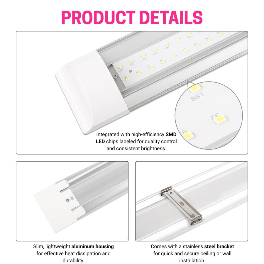 4FT LED Batten Light, Ceiling Surface Mounted Slim LED Tube Lights, 40W 5000K Neutral White For Office, Shop, Garage, Home