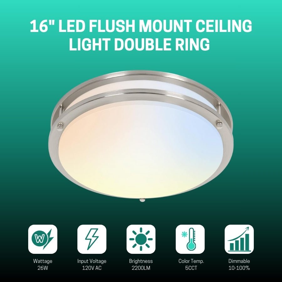 16 inch Dimmable LED Flush Mount Ceiling Light Fixture, Brushed Nickel, 26W, 2200LM, 2.7K/3.5K/4K/5K/6.5K Adjustbale, 120deg Light Angle, CRI80, Ceiling Lamp for Bedroom, Kitchen, Office, ETL Listed