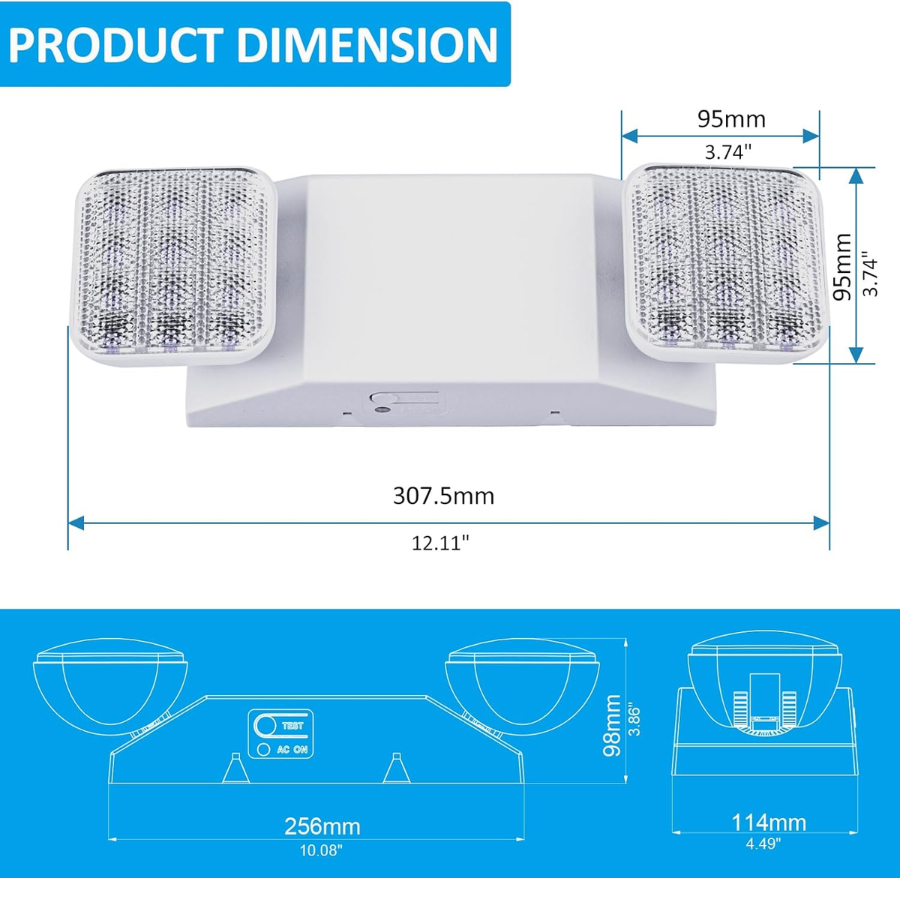 Indoor Emergency Lights with Battery Backup (90 Minutes), 2 Adjustable LED Heads, Wall Mount, Hardwired, Test Switch, Charge Indicator, 120-277V, Fire Resistant (UL 94V-0)