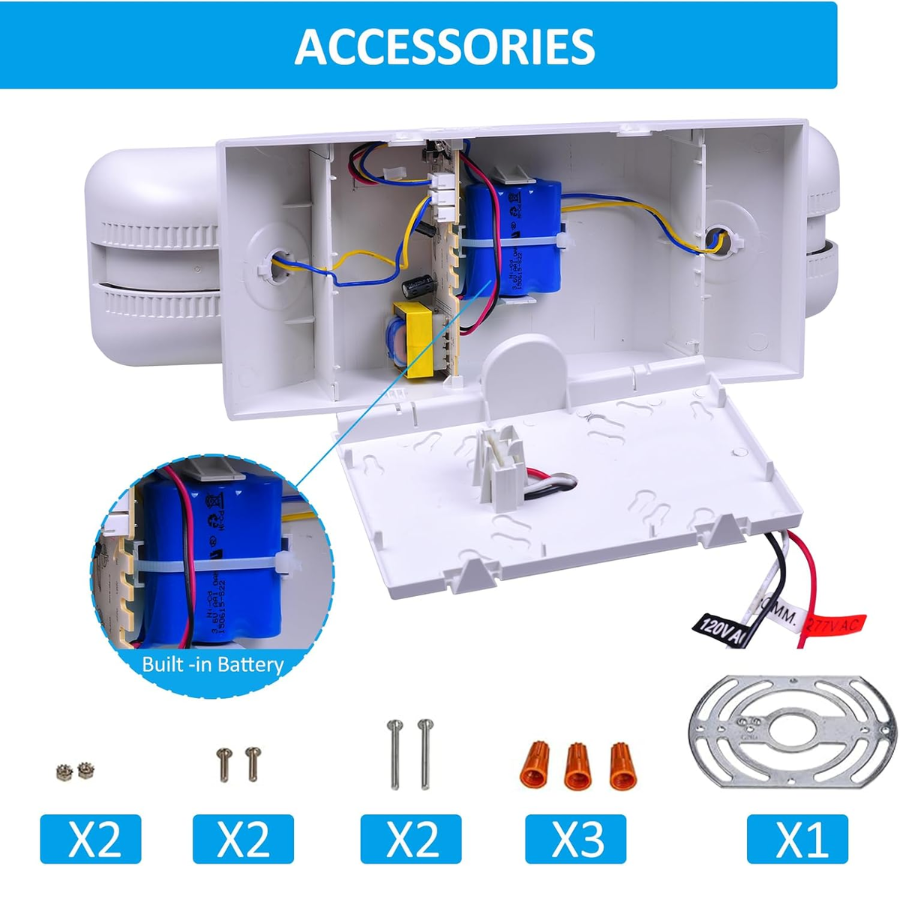 Indoor Emergency Lights with Battery Backup (90 Minutes), 2 Adjustable LED Heads, Wall Mount, Hardwired, Test Switch, Charge Indicator, 120-277V, Fire Resistant (UL 94V-0)
