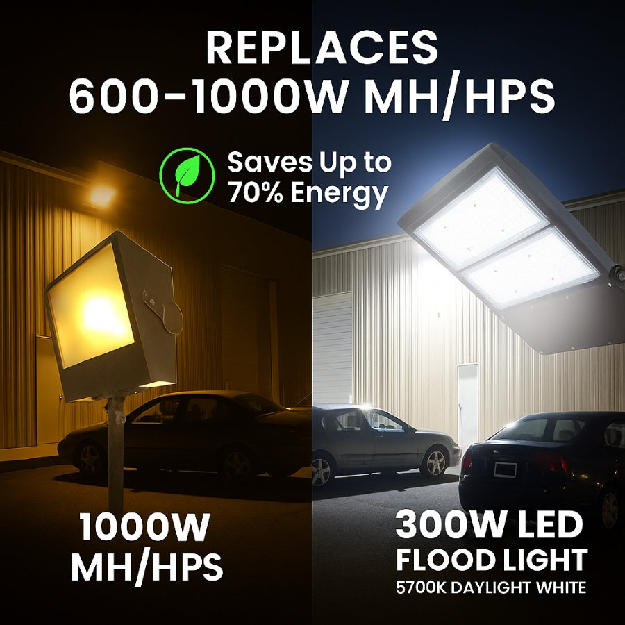 300W LED Area Flood Light – 40,500 Lumens, 5000K Cool White, Type V Distribution, 1000W Metal Halide Equivalent, Yoke Mount, IP65 Waterproof, DLC Premium, UL Certified, Dimmable 0-10V, 50,000 Hrs, 5-Year Warranty