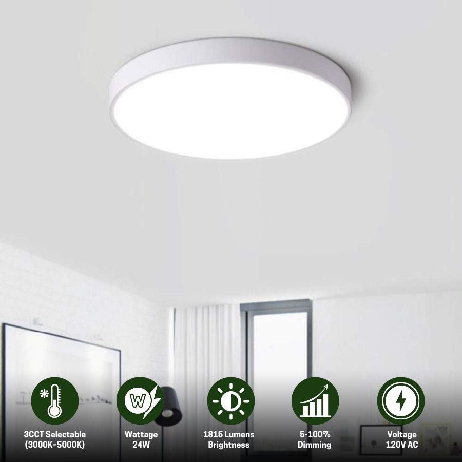 12" Ultra Thin LED Flush Mount Ceiling Light - 24W with 5 Color Temperatures 2700K/3000K/3500K/4000K/5000K – Slim 0.67in Round Surface Mount Fixture – Ideal for Laundry, Closets, Pantries, Hallways & Bathrooms - White Finish