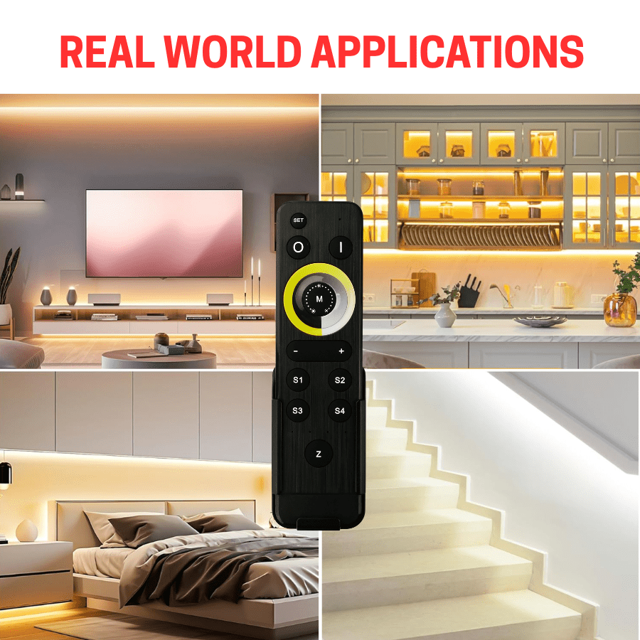 Remote Control LED Strip Lights Controller - 2-in-1 RF Wireless Dimmer for CCT & Single Color LEDs, 4-Zone Control, 1024-Level Dimming, 8 Dynamic Modes, Speed & Brightness Adjustment, Works with CW+WW Tunable White