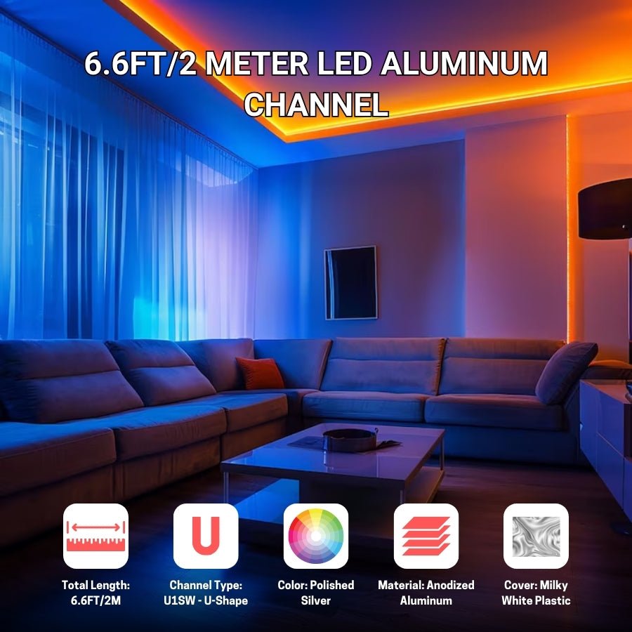 6.6FT/2M LED Channel Aluminum U Shape Silver LED Strip Diffuser Channel with Milky White Cover Easy Installation U1SW WW 2M