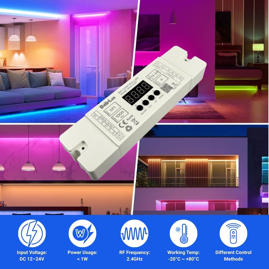 LED Strip Light Controller SPI01-WIFI - 12-24V DC, 4-Channel RGB IC, 2.4GHz RF & Tuya Smart App, Easy Smartphone & Voice Control, Wide Temp -20°C to +80°C