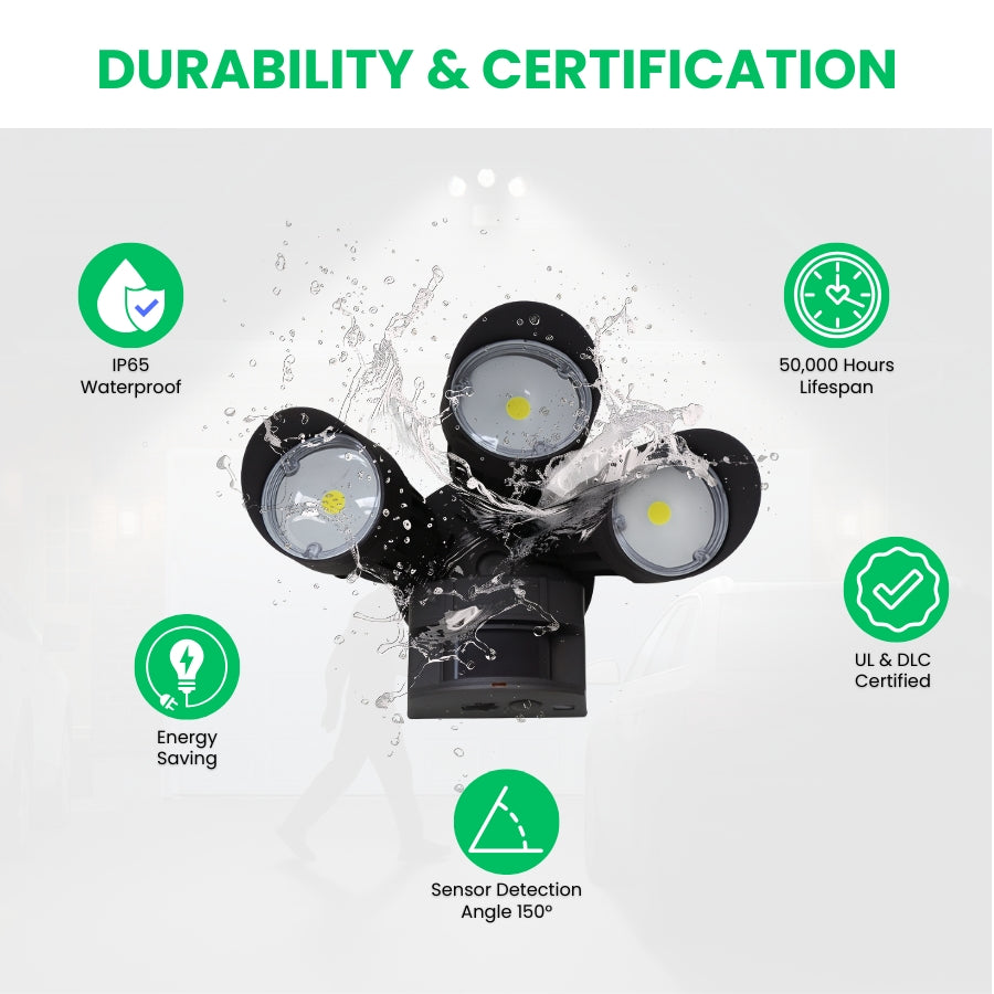 30W LED Motion Security Light, Triple Heads, 5000K Daylight, Motion Activated Outdoor Floodlight, IP65 Waterproof, UL DLC Listed