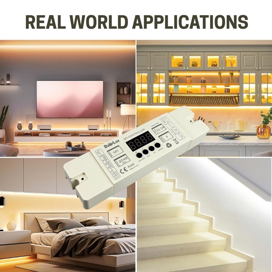 Digital LED Strip Controller SPI02 - 2-in-1 Single Color & CCT, 12-24V DC, 2.4GHz RF Compatible, 2048 Pixels, 4 SPI Outputs, 29 Single Color & 54 CCT Lighting Effects, Memory & Sync Function, for Indoor & Outdoor LED Projects