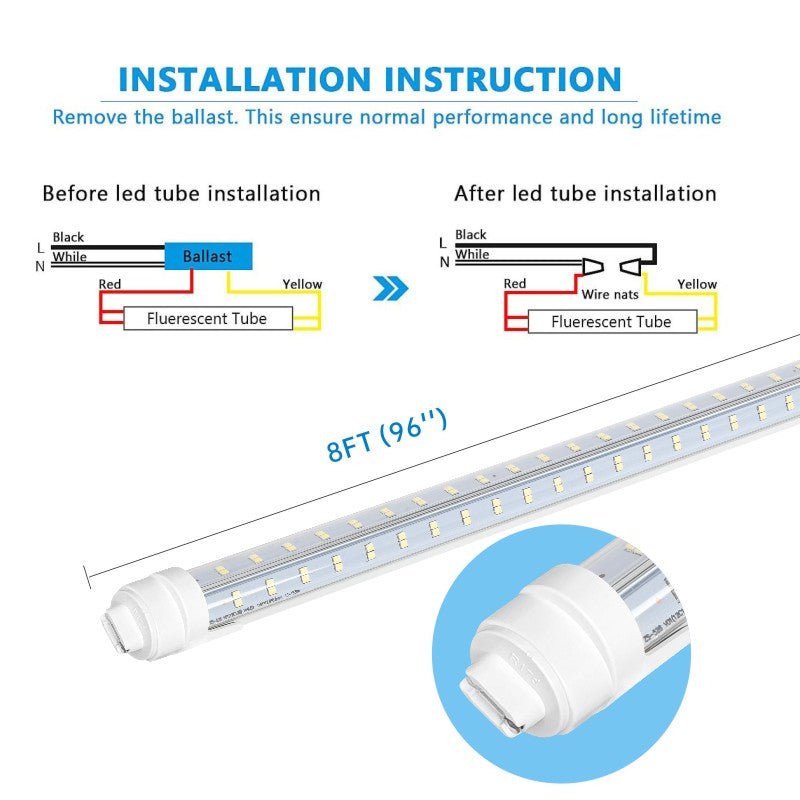 LED Tube Lights – Super Bright 8FT V-Shaped R17D/HO, 80W 10800lm, 270° Angle, 6500K Cool White, 4-Row, Clear Cover, Ballast Bypass, AC100-277V
