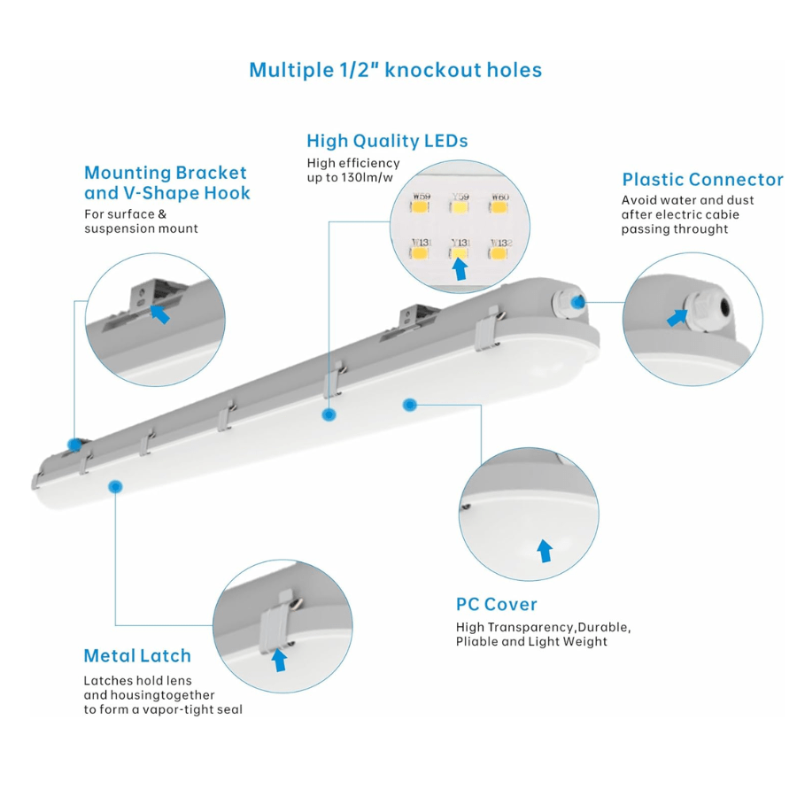 8FT LED Vapor Tight Light Fixtures 120W/110W/100W/90W Adjustable, 3K/3.5K/4K/5K/6.5K 5CCT Selectable, Dimmable IP65 Vapor Proof Lighting For Shop Light For Parking Carport Car Wash,ETL Listed