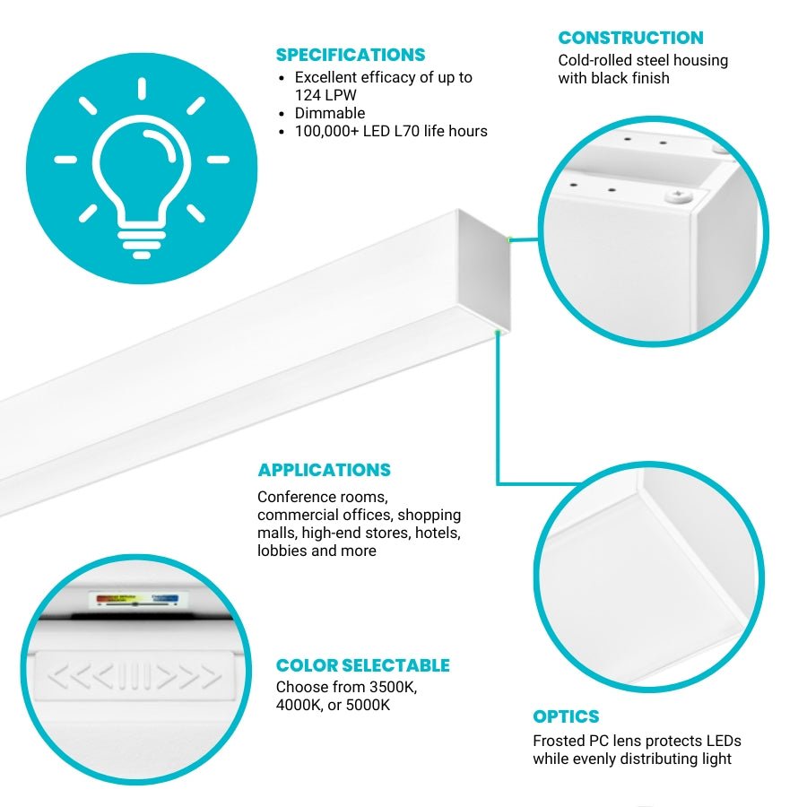 8FT Suspended Linear LED Light Fixture - 9600 Lumens, 80W, CCT Selectable, 120-277V, Dimmable, White Body