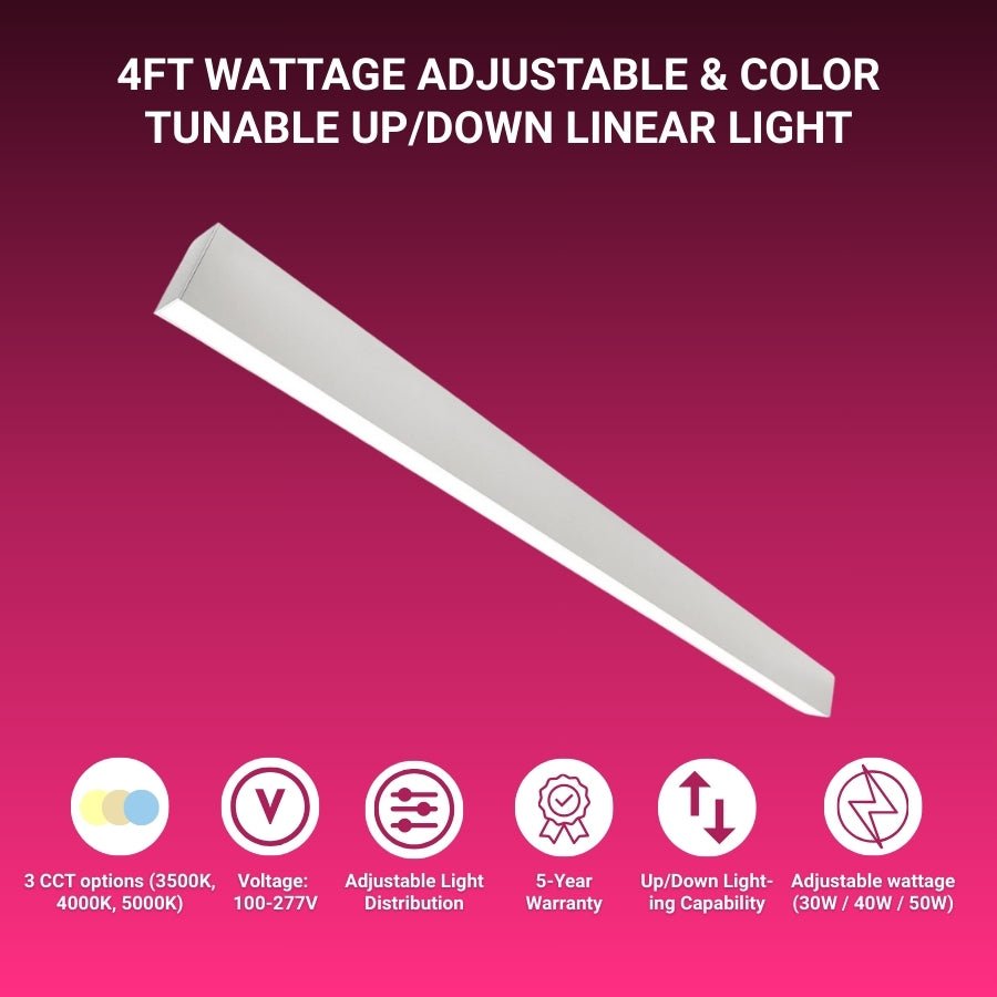 4FT LED Linear Light Fixture - Wattage Selectable 30W/40W/50W - CCT Adjustable 3500K/4000K/5000K - Dimmable Up/Down Strip Light - High Lumen Output, White Finish