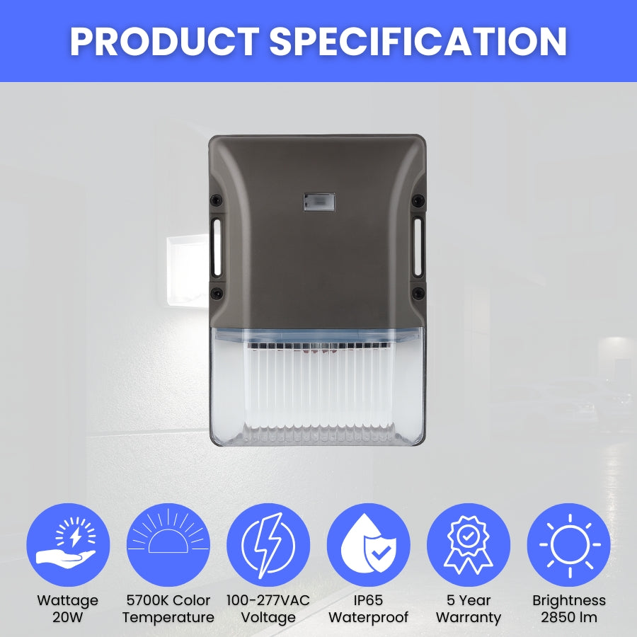 20W Mini LED Wall Pack Light – 2850 Lumens, 5700K Daylight, Dimmable, UL & DLC Listed, IP65 Waterproof, 5-Year Warranty