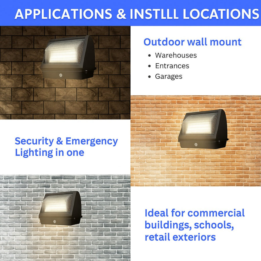 55W LED Emergency Wall Pack Light - Semi Cutoff - Glass Lens - Built in Emergency Back up - 120 Minutes Battery Backup- Forward Throw - DLC Listed