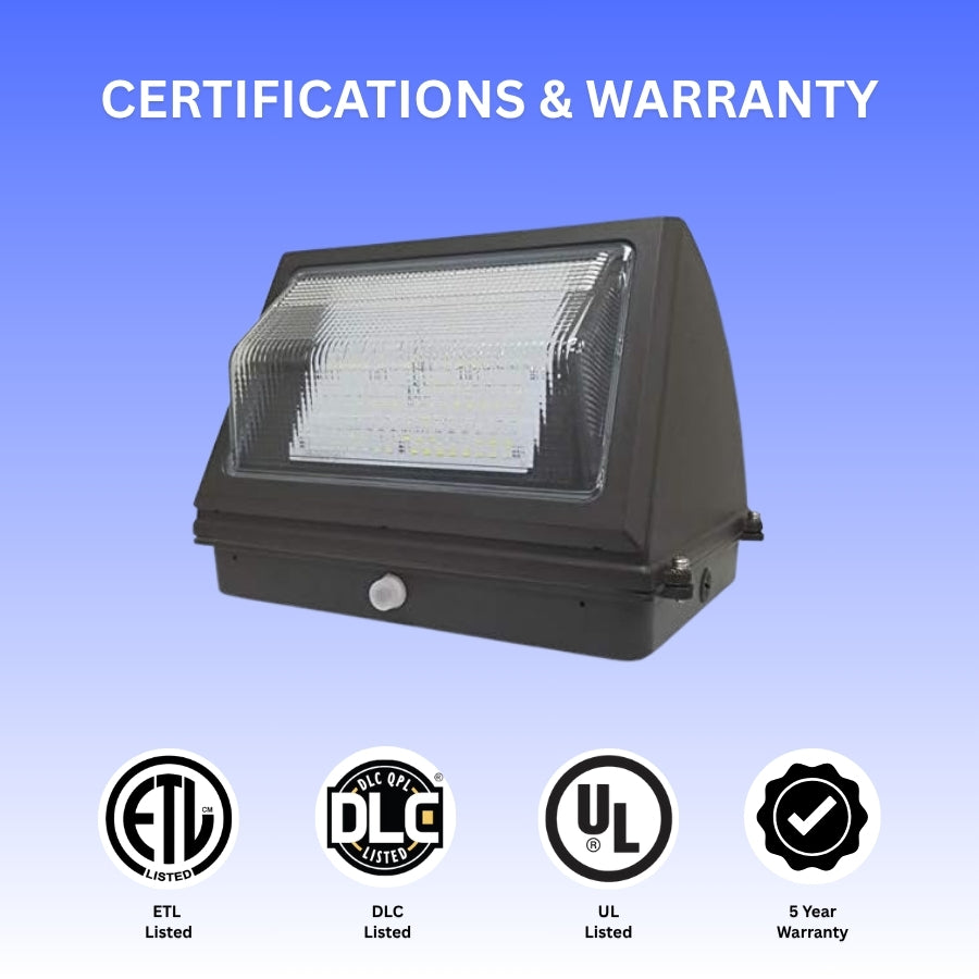 55W LED Emergency Wall Pack Light - Semi Cutoff - Glass Lens - Built in Emergency Back up - 120 Minutes Battery Backup- Forward Throw - DLC Listed