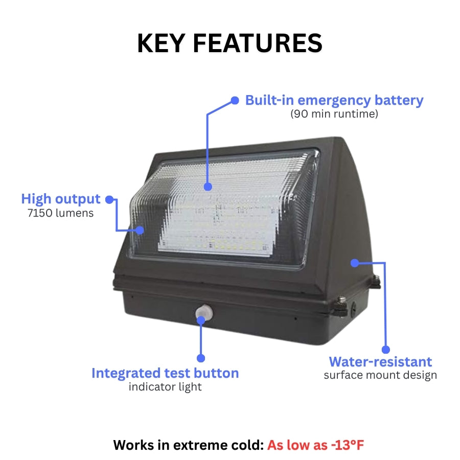 55W LED Emergency Wall Pack Light - Semi Cutoff - Glass Lens - Built in Emergency Back up - 120 Minutes Battery Backup- Forward Throw - DLC Listed