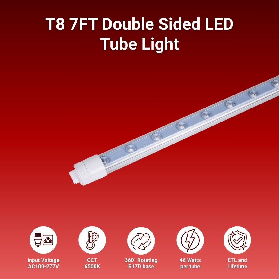 7ft LED Tube Lights, 48W T8 Double-Sided, 6500K Cool White, R17D Rotatable Base, Ballast Bypass, Waterproof Design – Perfect for LED Lights Advertising Signs