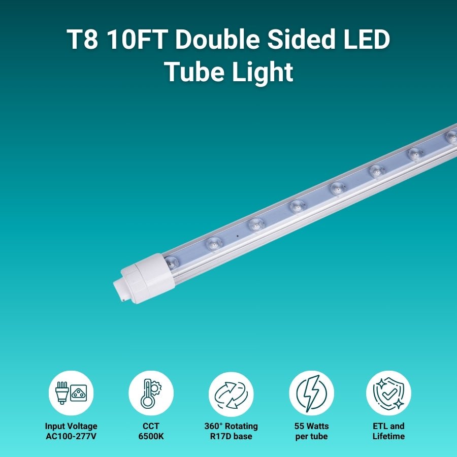10ft LED Tube Lights, 55W T8 Double-Sided, 6500K Cool White, R17D Rotatable Base, Waterproof Design, Ballast Bypass – Ideal for Bus Stops, Shopping Marts, and Hotels