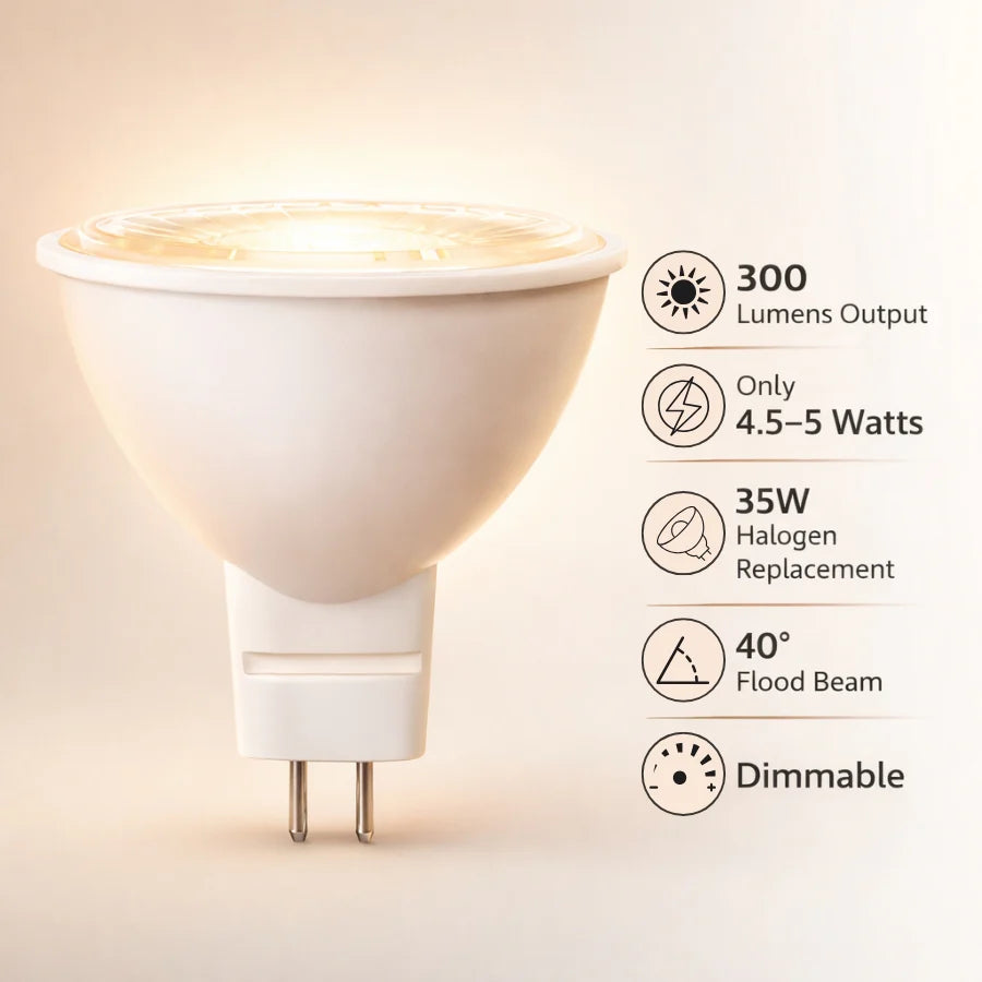 LED MR16 Bulb, 5W (35W Halogen Equivalent), 300 Lumens, 3000K Warm White, 40° Flood Beam, Dimmable, 12V Low Voltage, GU5.3 Base, UL Damp Rated, Accent & Task Lighting