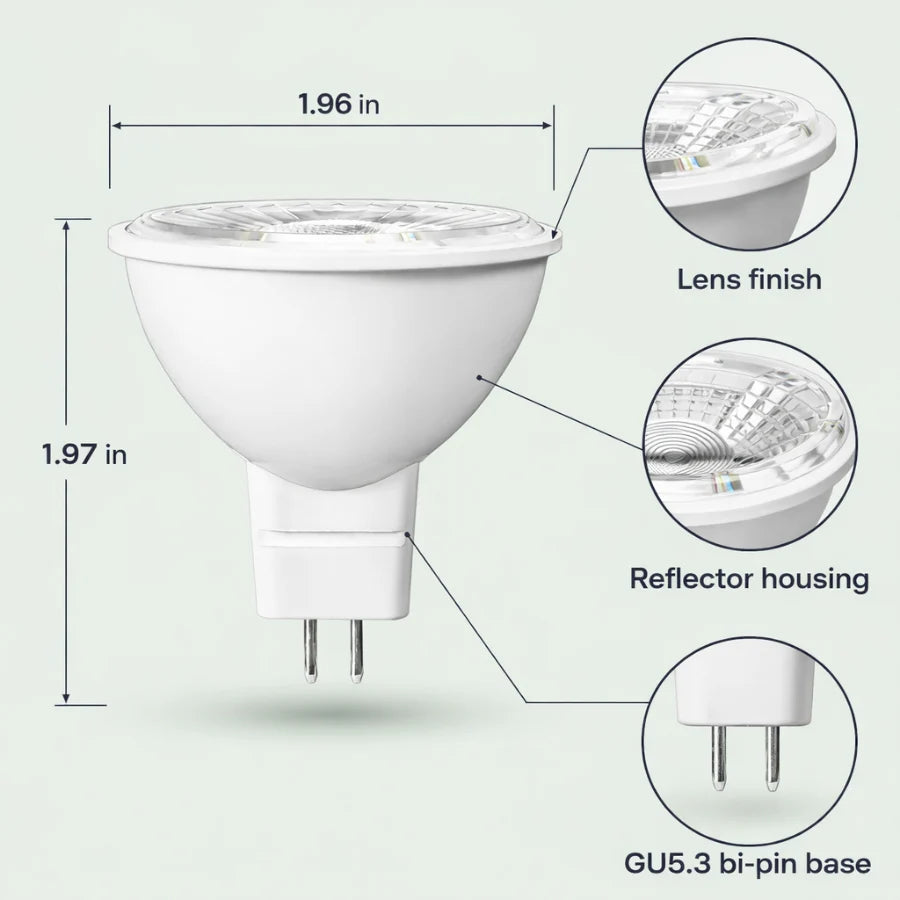 LED MR16 Bulb, 5W (35W Halogen Equivalent), 300 Lumens, 3000K Warm White, 40° Flood Beam, Dimmable, 12V Low Voltage, GU5.3 Base, UL Damp Rated, Accent & Task Lighting