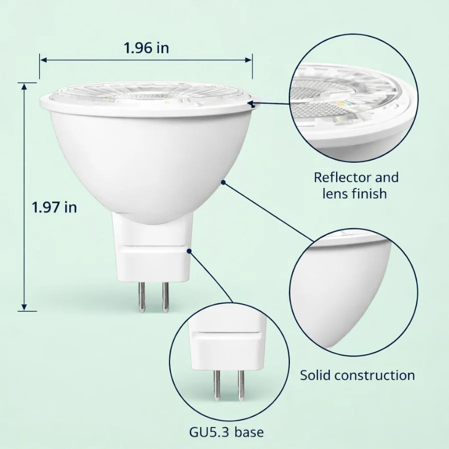 LED MR16 Bulb, 7W (50W Halogen Equivalent), 500 Lumens, 5000K Daylight White, 40° Flood Beam, Dimmable, 12V Low Voltage, GU5.3 Base, UL Damp Rated, Accent & General Lighting