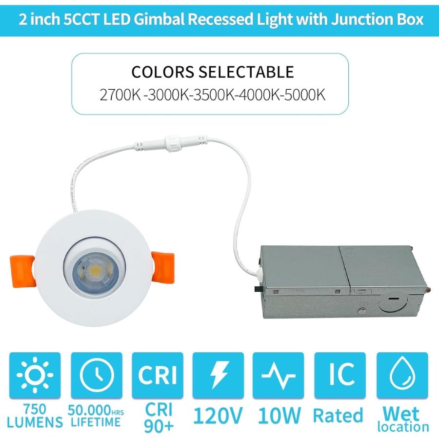2 inch 5CCT LED Gimbal Led Recessed Light with Junction Box, 40deg Beam Angle and 30deg Tilted smoothly Eyeball Light, 120V Triac Dimmable, 2.7K/3K/3.5K/4K/5K, CRI>90, 750LM, 10W UL Listed