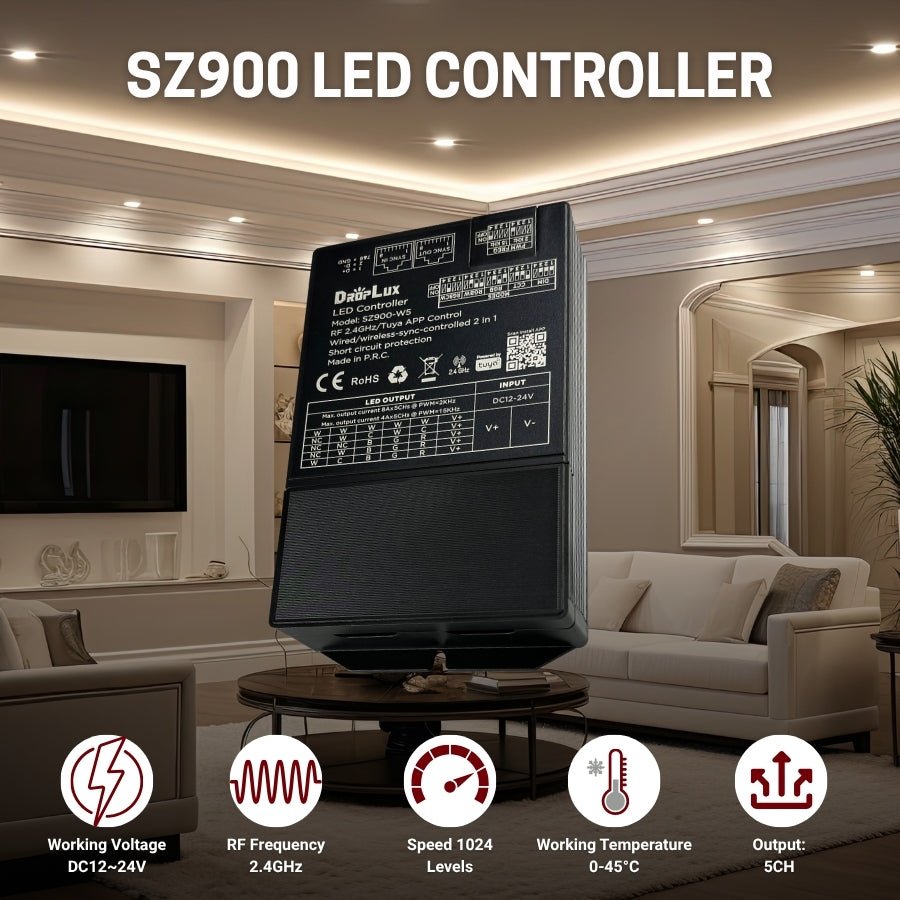 Smart LED Controller SZ900-X5, 5 in 1 RGB, RGBW, RGBCCT, CCT, DIM, Tuya LED Strip Light Controller, Bluetooth and WiFi Control, Multi-Zone Sync, Works with Alexa and Google, 12V 24V, 58A Output, 2KHz or 15KHz PWM