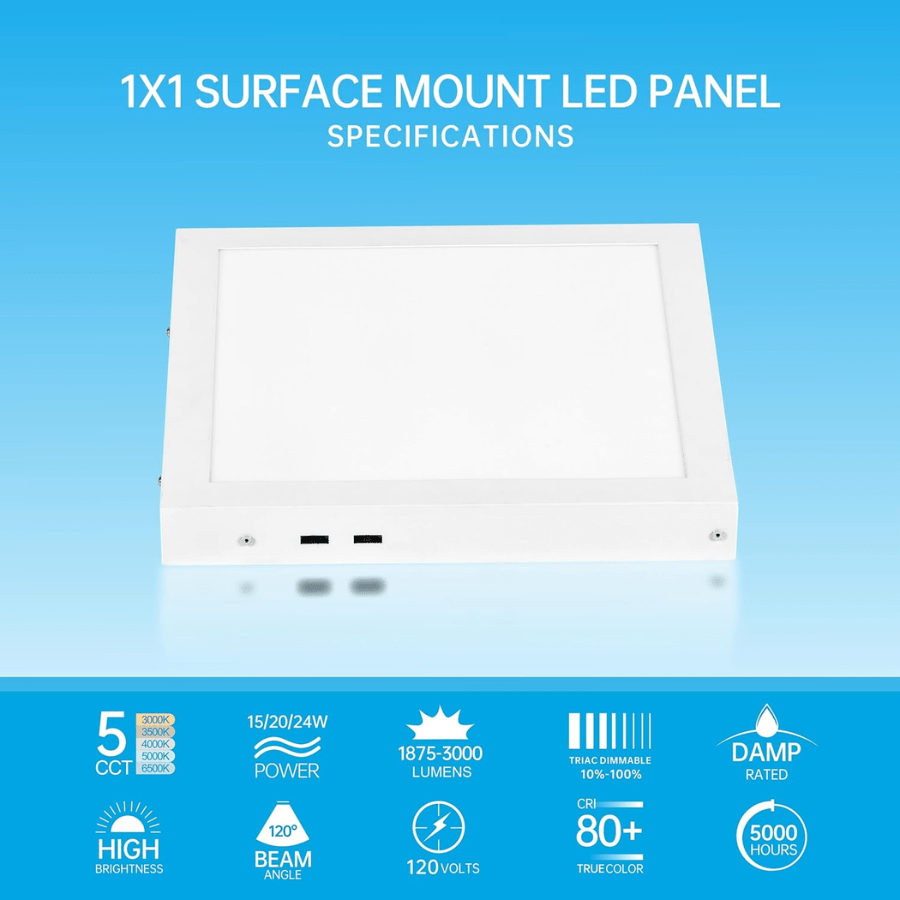 1x1 LED Panel Light, Surface Mount, 15W/20W/24W, 1875–3000 Lumens, 5CCT 3000K–6500K Selectable, Triac Dimmable Flush Ceiling Light Fixture For Kitchen, Garage, Office, Home – White, 2-Pack