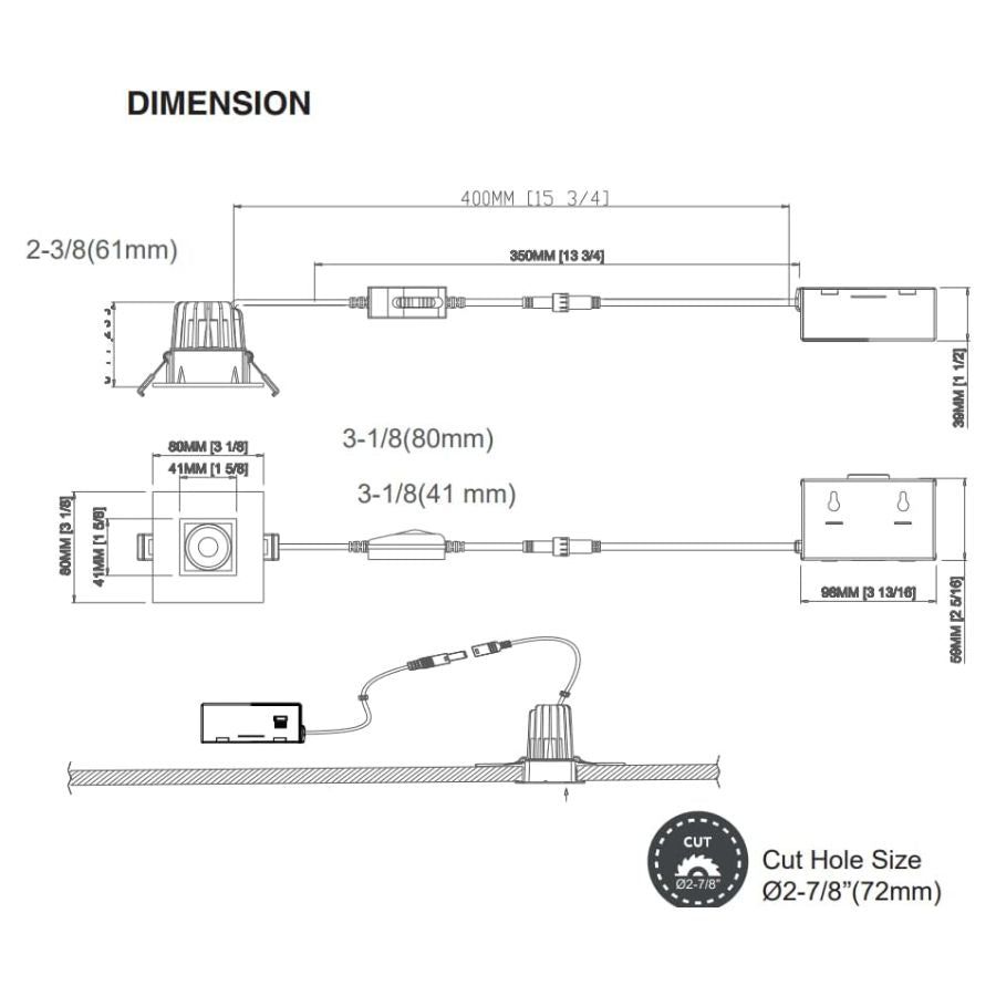 2" LED Square Recessed Downlight With Junction Box, 8W 700 Lumens, 5CCT Selectable 2700K/3000K/3500K/4000K/5000K, AC120V TRIAC/ELV Dimmers, IC Rated, CRI 90+ Wet Location, Recessed Ceiling, ETL Listed