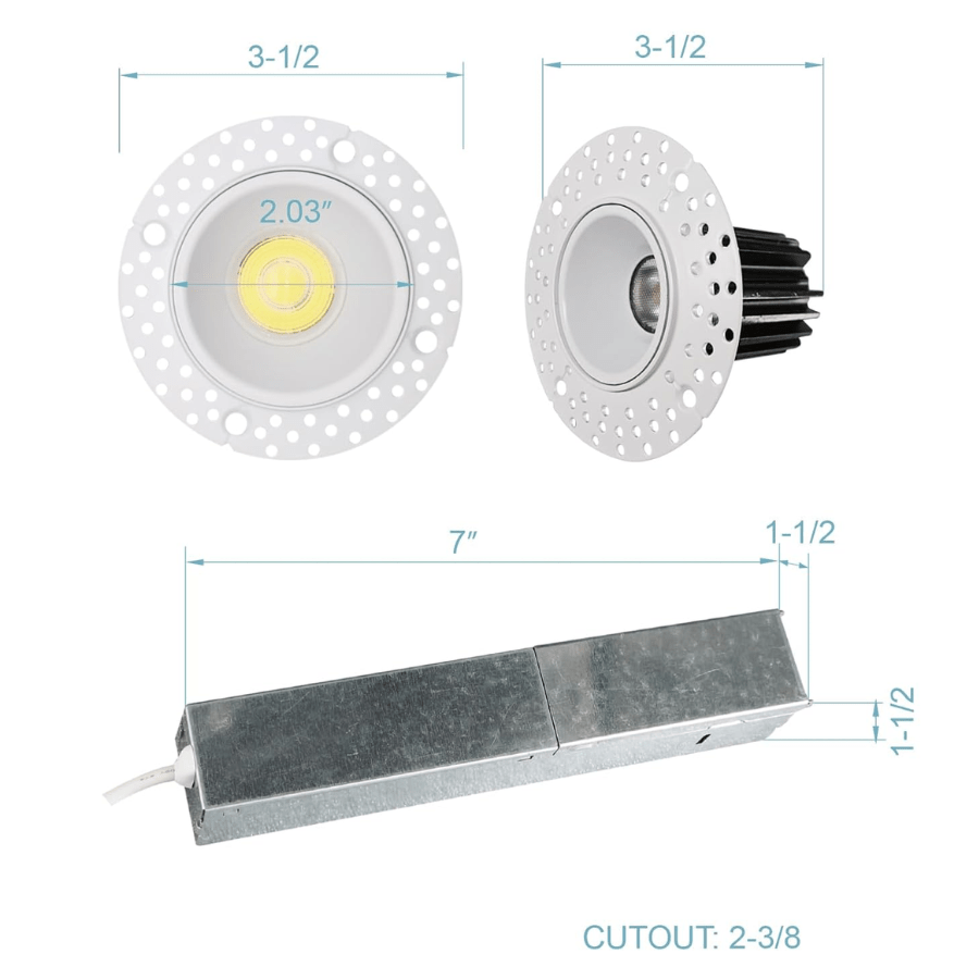 1 Inch 7W Round LED Trimless Downlight with Junction Box, 600 Lumens, 2700K/3000K/3500K/4000K/5000K Selectable, AC120V TRIAC/ELV dimmers, White Trim, IC Rated, CRI 90+ Wet Location ETL Listed