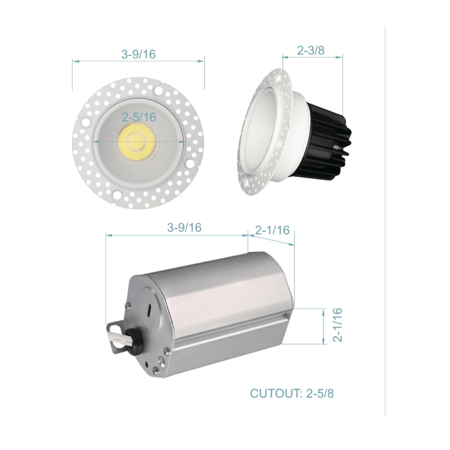 2 Inch 8W Round LED Trimless Downlight With Junction Box, 700 Lumens, 2700K/3000K/3500K/4000K/5000K Selectable, AC120V TRIAC/ELV Dimmers, White Trim, IC Rated, CRI 90+ Wet Location ETL Listed