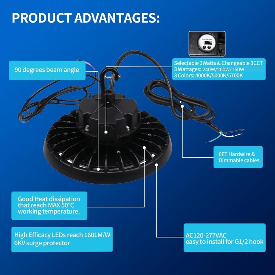 150W/120W/100W UFO LED High Bay Light, 24000Lumens, 3 Colors 4K 5K 5.7K, 6FT Hardwire & Dimmable Cables with G1/2 Hook, IP65, 120-277V, UL DLC Certified - Warehouse Gym Factory Commercial Lighting