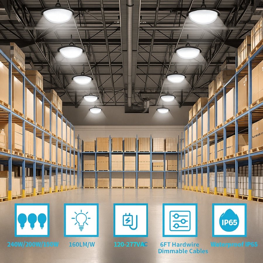150W/120W/100W UFO LED High Bay Light, 24000Lumens, 3 Colors 4K 5K 5.7K, 6FT Hardwire & Dimmable Cables with G1/2 Hook, IP65, 120-277V, UL DLC Certified - Warehouse Gym Factory Commercial Lighting