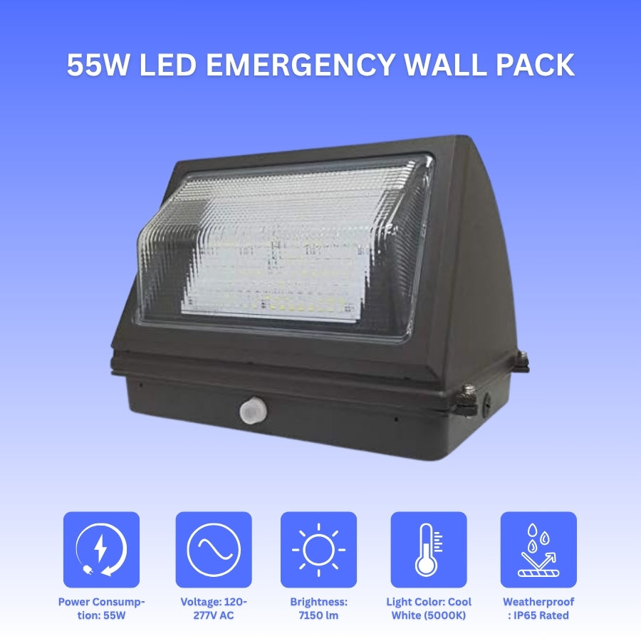 55W LED Emergency Wall Pack Light - Semi Cutoff - Glass Lens - Built in Emergency Back up - 120 Minutes Battery Backup- Forward Throw - DLC Listed