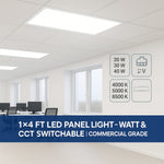 1×4 FT LED Flat Panel Light, 20W/30W/40W Wattage Adjustable, CCT Changeable 4000K/5000K/6500K, 0–10V Dimmable, 120–277V, 5000 Lumens, Recessed or Surface Mount Ceiling Panel, DLC & ETL Listed – 5 Year Warranty