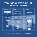 1×4 FT LED Flat Panel Light, 20W/30W/40W Wattage Adjustable, CCT Changeable 4000K/5000K/6500K, 0–10V Dimmable, 120–277V, 5000 Lumens, Recessed or Surface Mount Ceiling Panel, DLC & ETL Listed – 5 Year Warranty