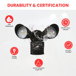 20W LED Motion Security Light, Double Heads, 5000K Daylight, Motion Activated Outdoor Floodlight, IP65 Waterproof, UL DLC Listed