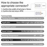 4PIN Transparent COB Connectors Kit for RGB COB LED Strip Lights - 10mm, Solderless Connection, 5pcs 15cm Wires