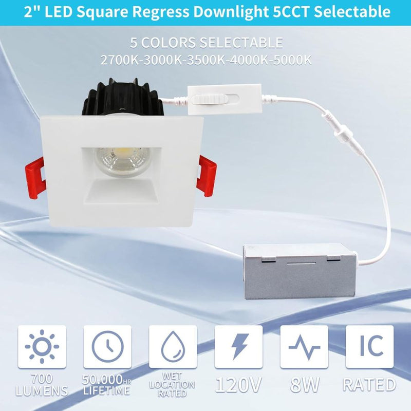 2" LED Square Recessed Downlight With Junction Box, 8W 700 Lumens, 5CCT Selectable 2700K/3000K/3500K/4000K/5000K, AC120V TRIAC/ELV Dimmers, IC Rated, CRI 90+ Wet Location, Recessed Ceiling, ETL Listed