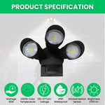 30W LED Motion Security Light, Triple Heads, 5000K Daylight, Motion Activated Outdoor Floodlight, IP65 Waterproof, UL DLC Listed