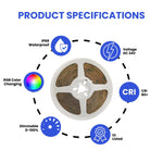 Waterproof RGB COB LED Strip Light 16.4FT (5M) - 24V Dot-Free Seamless Glow, 840 LEDs/m, Color Changing, IP68 Outdoor/Indoor, UL Listed, 10mm, Dimmable, CRI 80+, 50,000 Hrs Lifespan