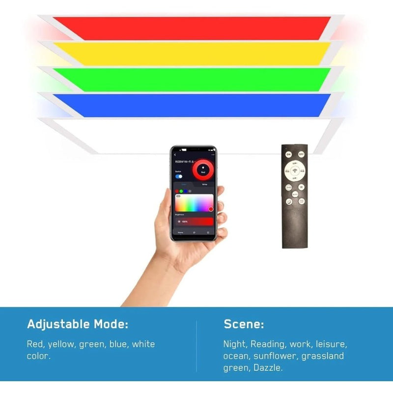 2x4 FT LED Color Changing Flat Panels – RGBW 5000K Multicolor Smart Light, 60W 6600lm, Wi-Fi Drop Ceiling Light, Remote & App Controlled, Alexa/Google Compatible