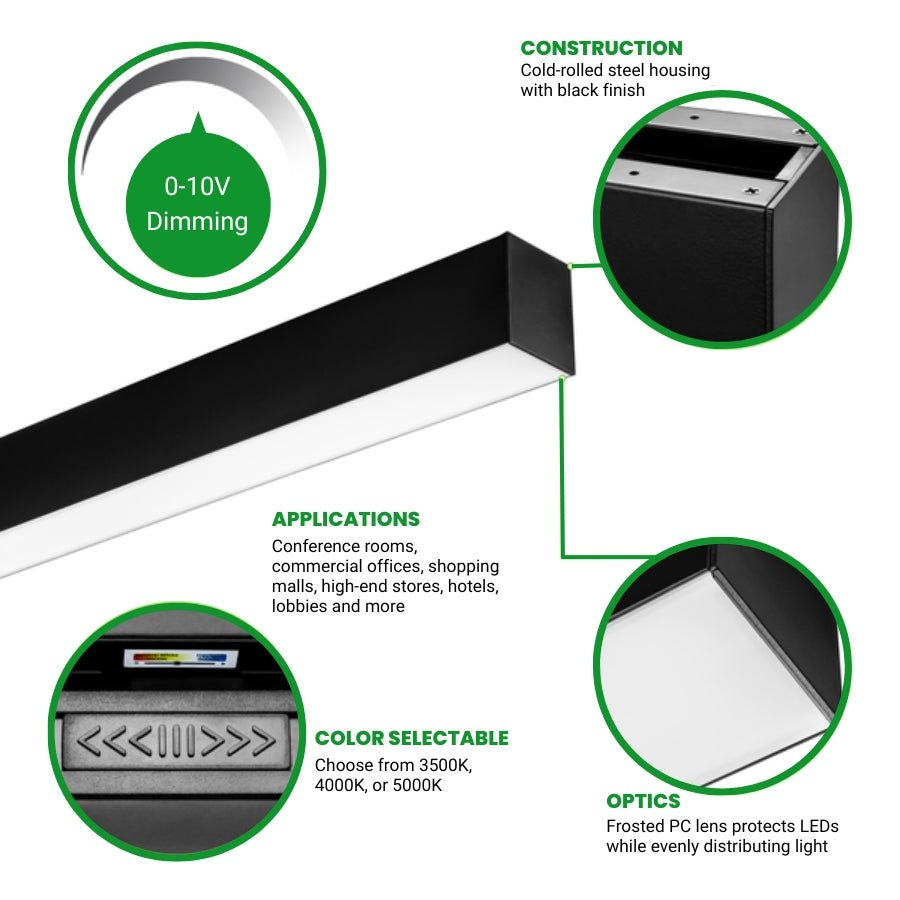 4FT LED Color Tunable Up/Down Lighting Fixture - 50W, 3000K/4000K/5000K Adjustable, Black Body, Dimmable, Energy Efficient, Commercial Lighting