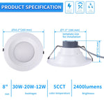 Recessed LED Lighting, 8 Inch, Commercial Recessed Downlights, Brightness 2400lms, Wattage Adjustable 12/20/30W, 0-10V Dimmable Ceiling Light Fixture, 5 CCT 2700K-5000K, 120-277V IC Rated UL & Energy Star