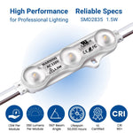 LED Modules SMD 2835 1.5W 100pcs Set - Red/Green/White, 390LM/Module, 110V/220V Direct Power, IP65 Waterproof, 130LM/W, CRI 90+, Dimmable, UL Certified, 50,000 Hrs, 3-Year Warranty, 48FT Length